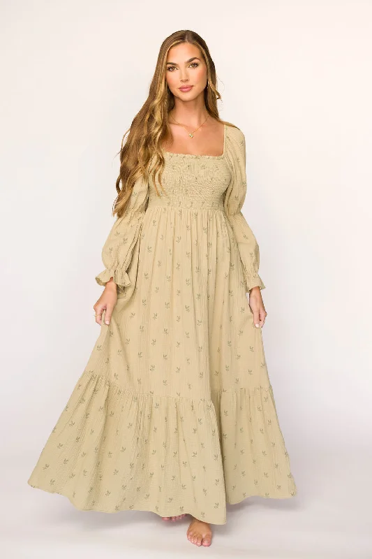 Emerson Gauze Maxi Dress in Thyme - Bump Friendly Elegant Floral Maxi Dress