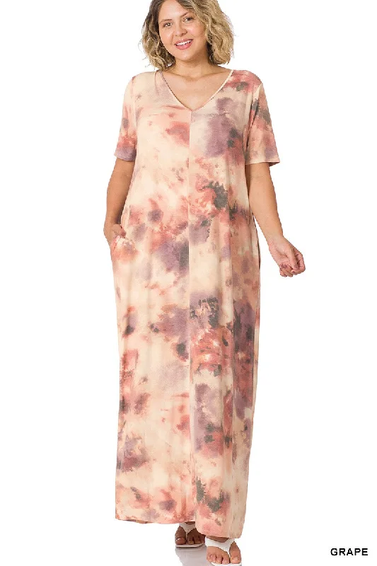 Printed V Neck Short Sleeve Maxi Dress Plus Stylish Maxi Dress with Pleats