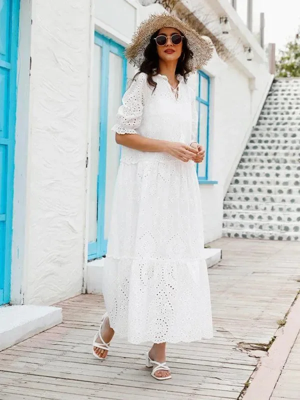 Puff Sleeve Cotton Maxi Dress Trendy Fit-and-Flare Maxi Dress