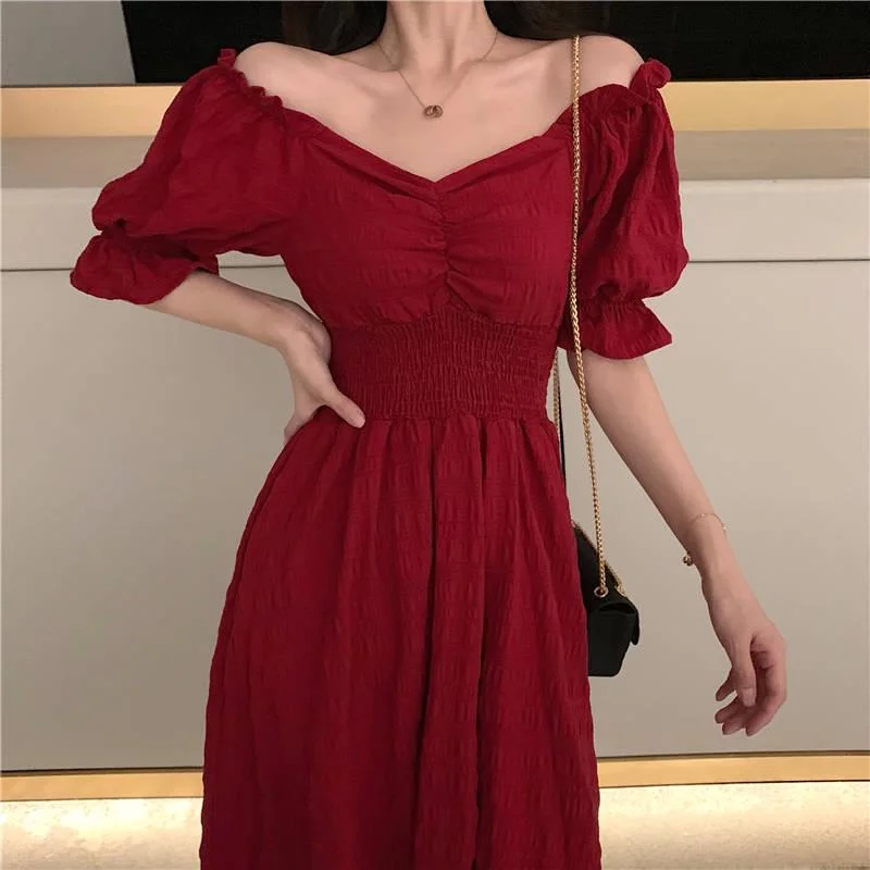 Puff Sleeve Women Maxi Dresses Sexy Off Shoulder A-Line Long Boho Summer Dress Elastic Waist Dress Classic Solid Maxi Dress