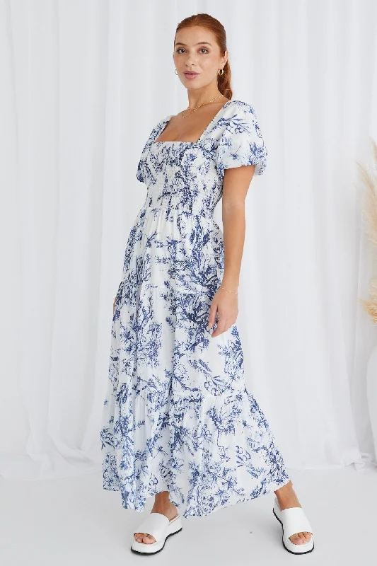 Raven Blue Porcelain Print Puff Sleeve Tiered Maxi Dress Fashionable Printed Maxi Dress