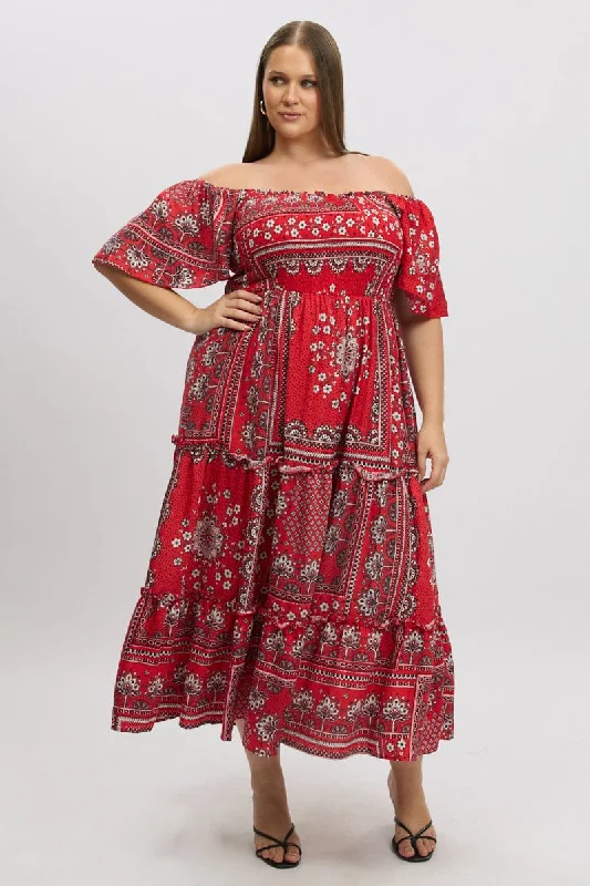 Red Boho Maxi Dress Short Sleeve Tiered Fashionable High-Low Maxi Dress