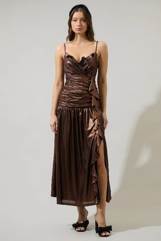 Rina Metallic Bristol Ruched Maxi Dress Comfortable Maxi Dress with Slits