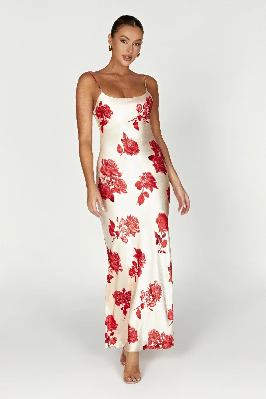 Rosalie Satin Maxi Dress - Rose Print Classic Strapless Maxi Dress