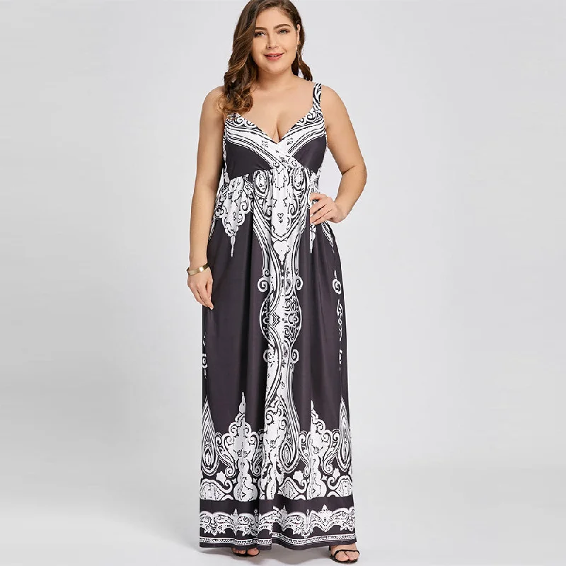 Plus Size Arab Print Sleeveless Maxi Dress V-Neck Empire Robe Long Vintage Spaghetti Strap Sexy Dress Summer Women 2019 Chic Summer Maxi Dress