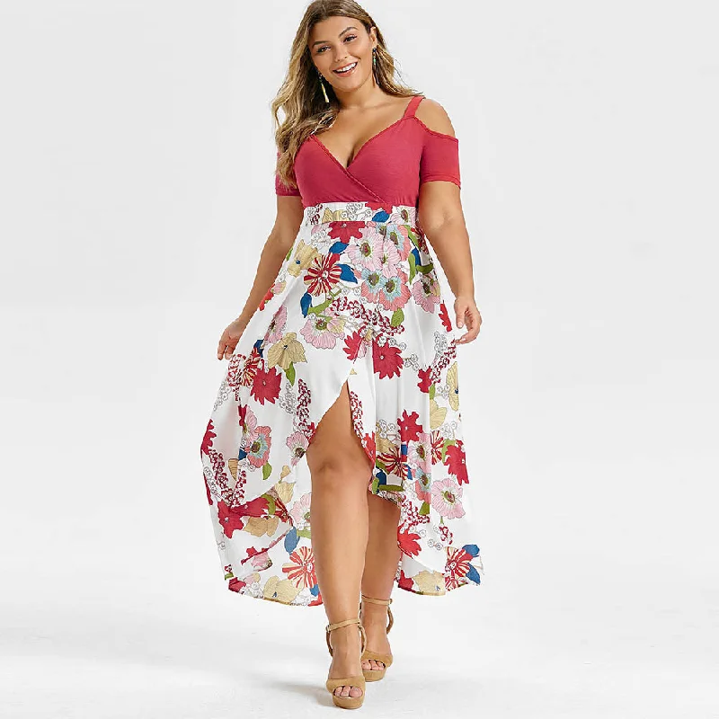 Plus Size Open Shoulder Floral Overlap Maxi Dress Asymmetrical Short Sleeves Cut Out High Waist V-Neck Bohemian Dress Fashionable Asymmetrical Maxi Dress