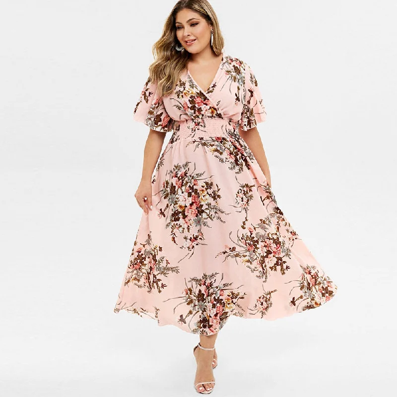 Plus Size Women Floral Print Bohemian Maxi Dress V-Neck Half Sleeves A-Line Dress High Wasit Bohemian Holiday Dress Stylish A-Line Maxi Dress