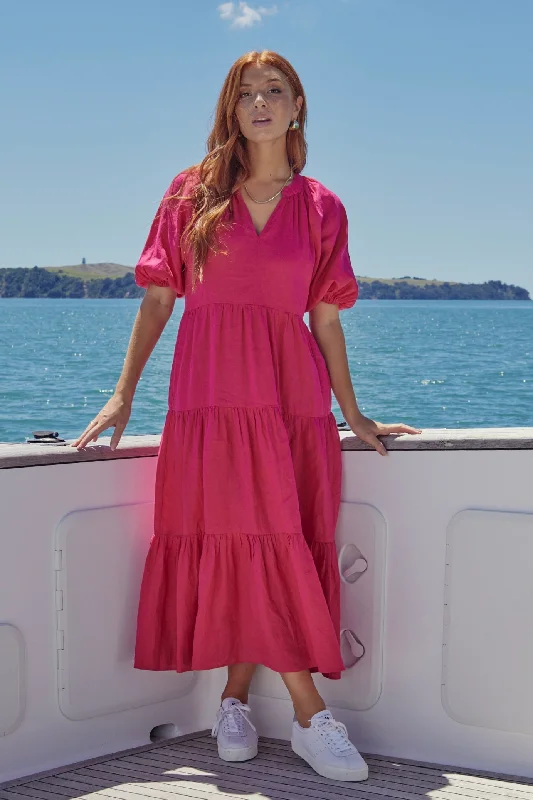 Santorini Raspberry Linen Puff Ss V-Neck Tiered Maxi Dress Fashionable Asymmetrical Maxi Dress