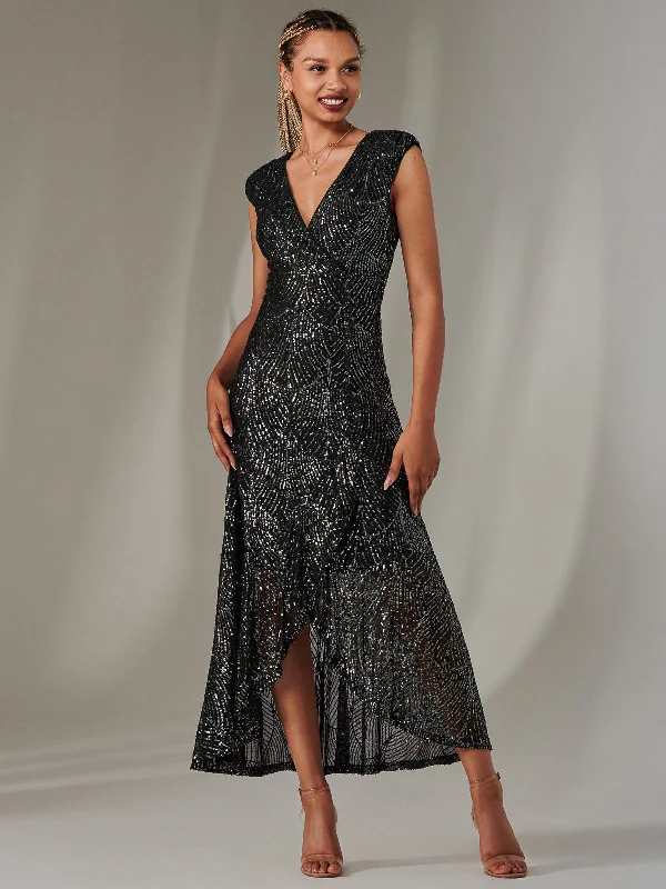 Sequin Ruffle Hem Maxi Dress, Black- Silver Trendy Satin Maxi Dress