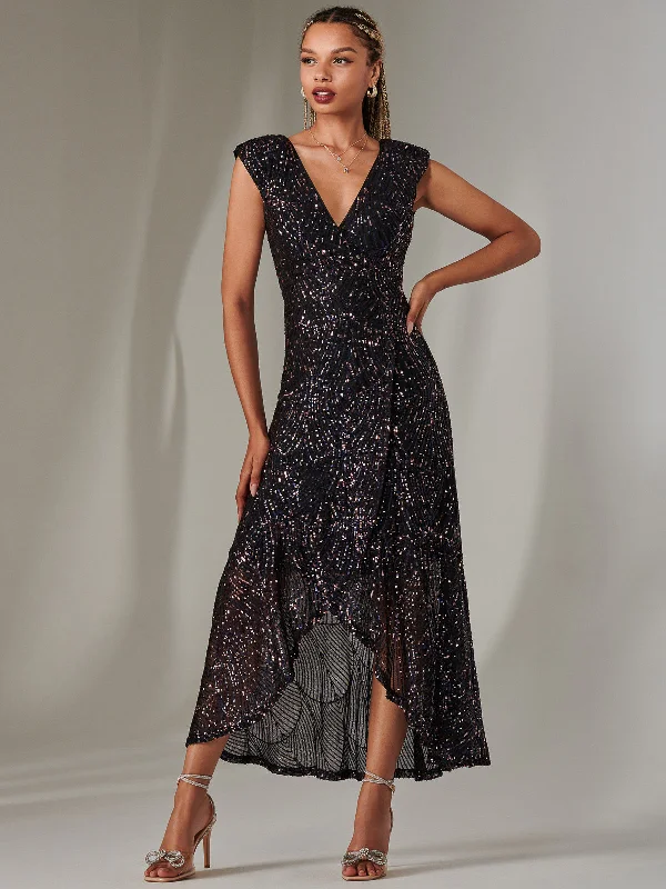 Sequin Ruffle Hem Maxi Dress, Navy Multi Fashionable Sheer Maxi Dress