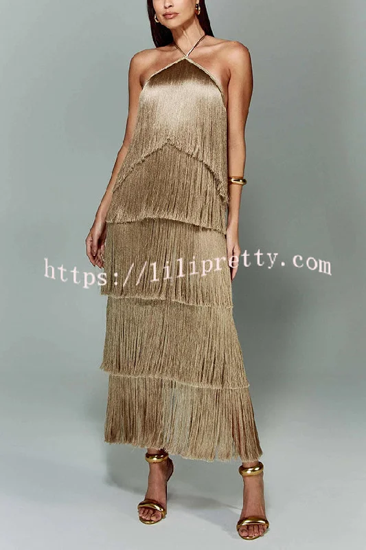 Sexy Halterneck Backless Elegant Fringe Maxi Dress Elegant Maxi Dress with Belt