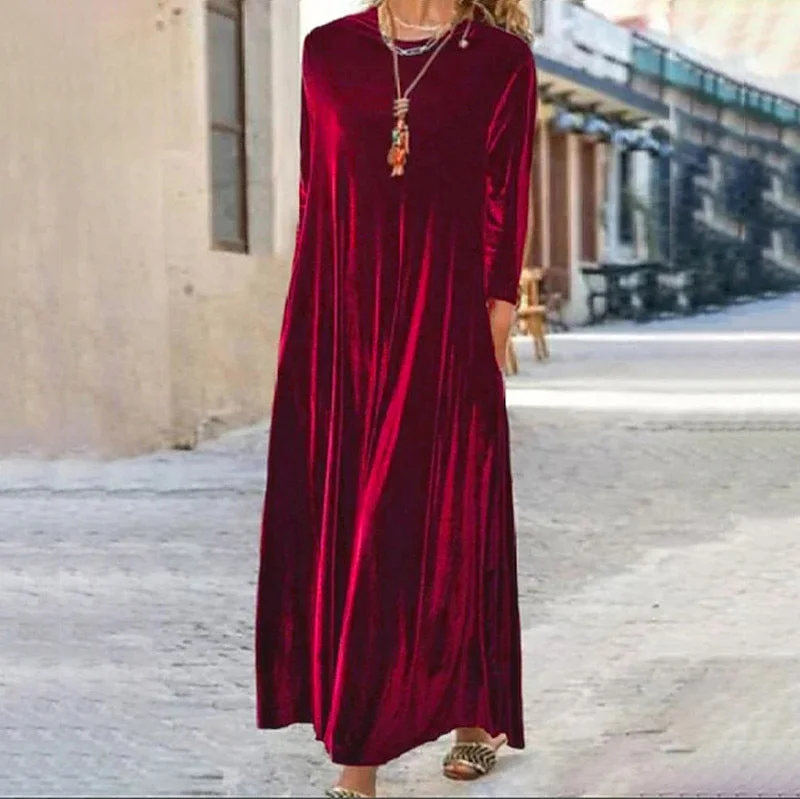 Spring Gold Velvet Slimming Crew Neck Maxi Dress Comfortable Bohemian Maxi Dress