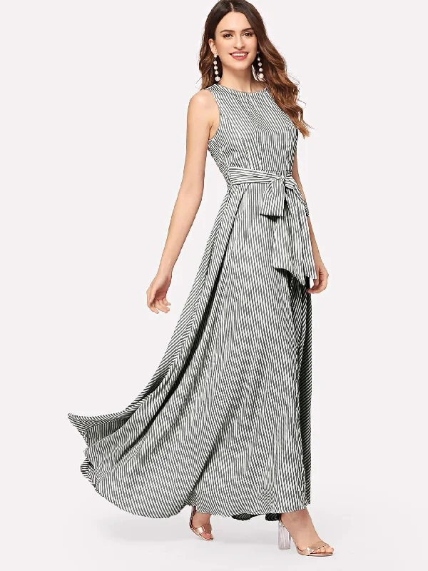 Striped Bow Tie Waist Maxi Dress Comfortable Bohemian Maxi Dress