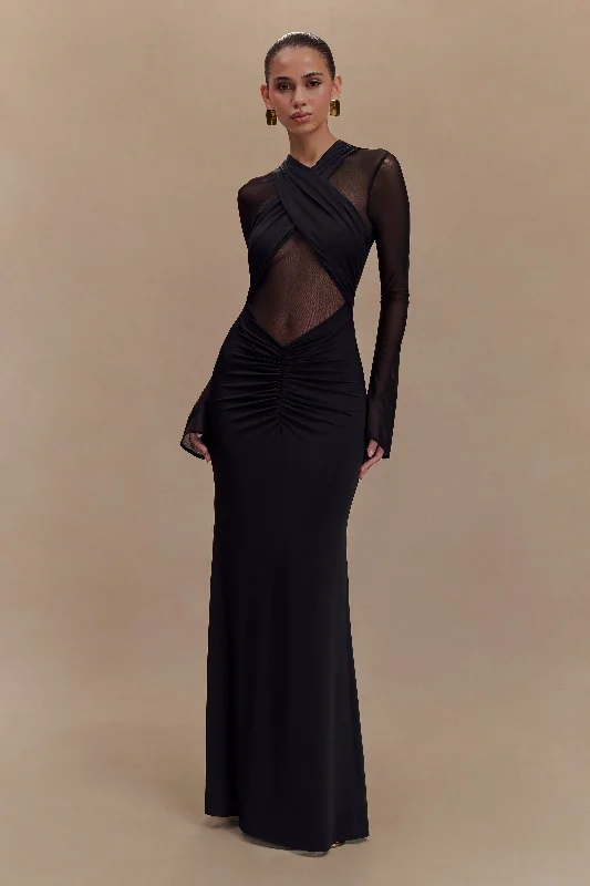 Tania Slinky And Mesh Long Sleeve Maxi Dress - Black Comfortable Bohemian Maxi Dress