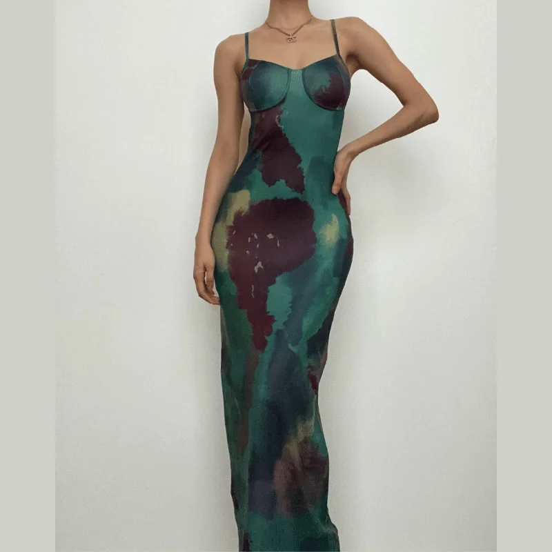 Tie dye v neck contrast hollow out backless cami cut out maxi dress Trendy Off-Shoulder Ruffle Maxi Dress