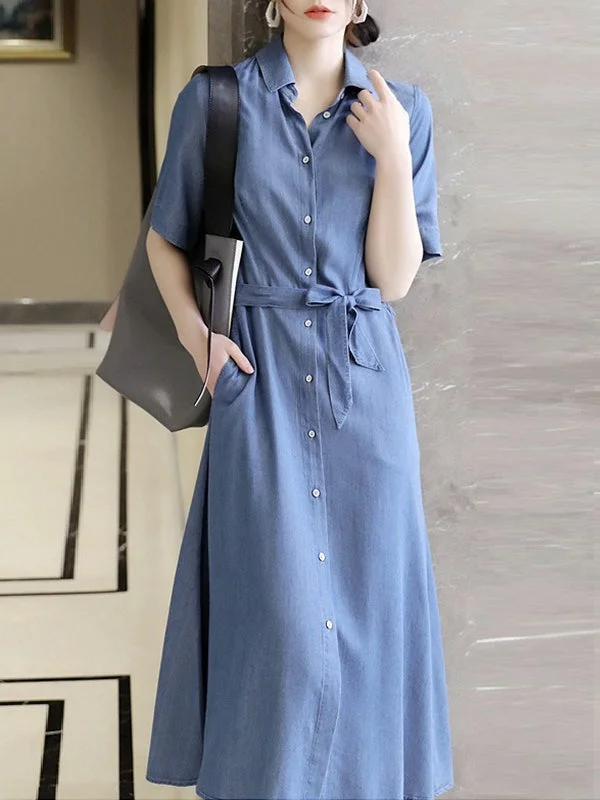 Timeless Allure Denim Shirt Maxi Dress With Belt Elegant Maxi Dress with Slit