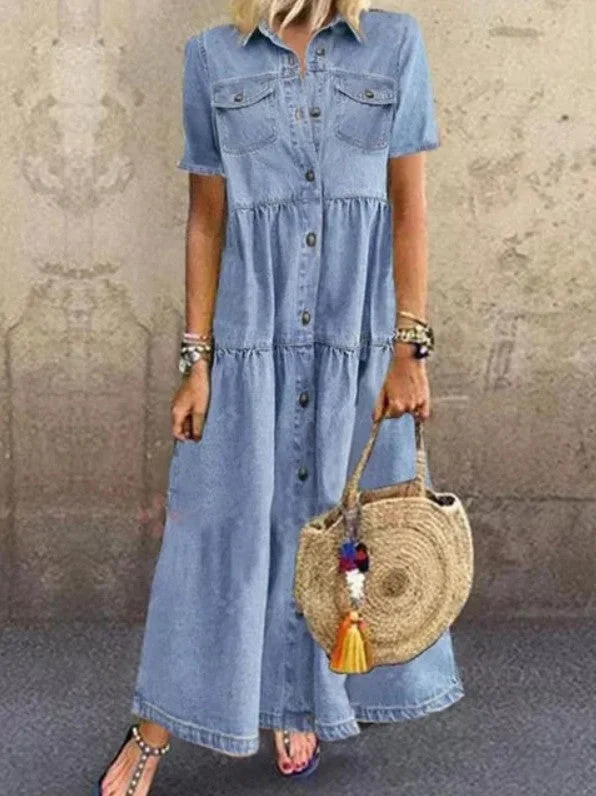 Timeless Trails Denim Shirt Maxi Dress Cozy Maxi Dress with Slit