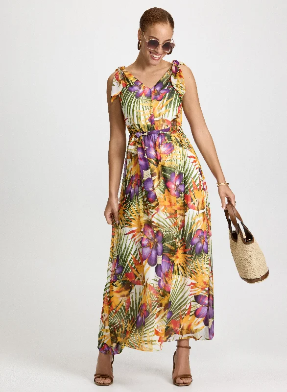 Tropical Print Maxi Dress Stylish Maxi Dress with Frills