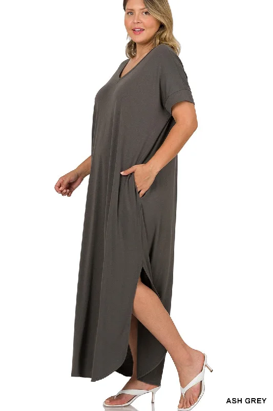 V Neck Short Sleeve Maxi Dress with Side Slits Plus Elegant Maxi Dress with Drapes