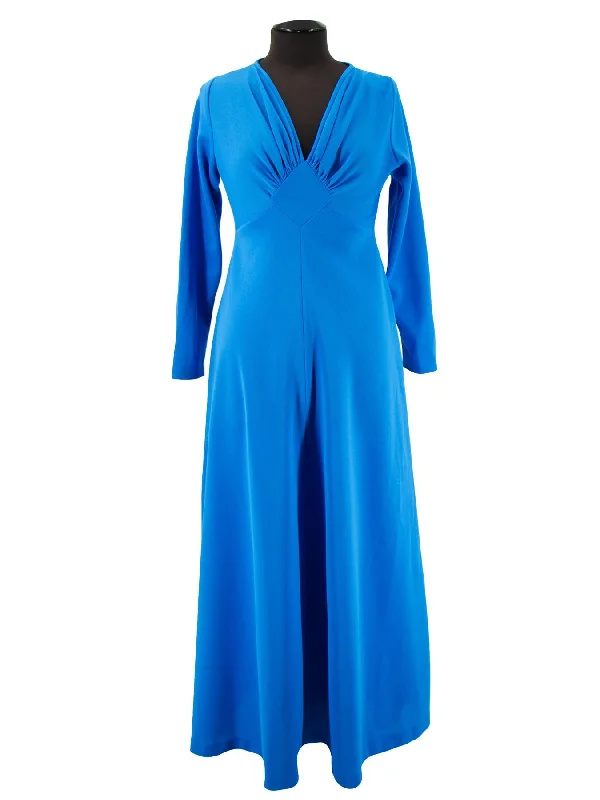 Vintage 1970s Cobalt Blue Diamond Ruched Maxi Dress Fashionable Faux Wrap Maxi Dress