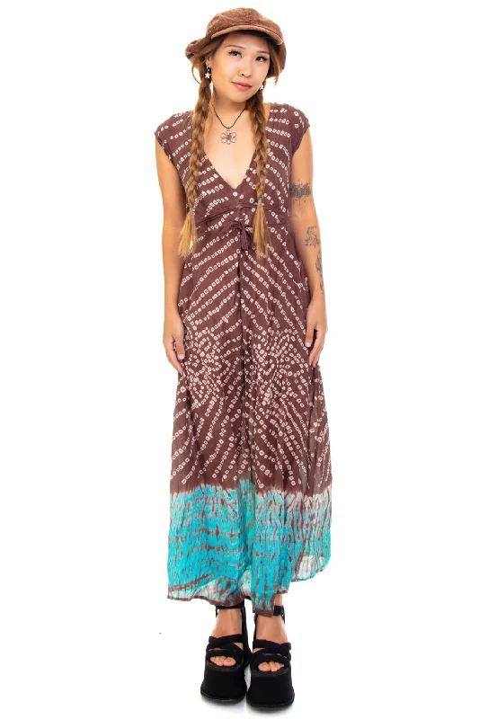 Vintage Y2K Silk Tie-Dye Square Maxi Dress - S/M Elegant Maxi Dress with Drapes