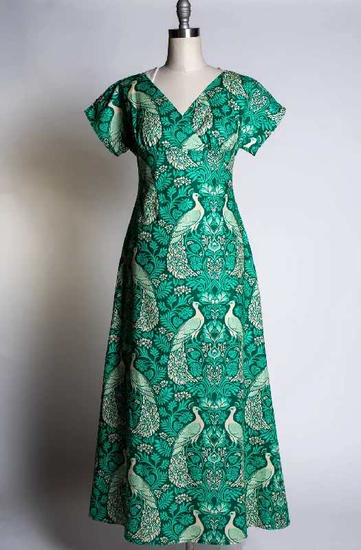 Wanda Maxi Dress - Peacock Damask, Green Elegant Maxi Dress with Slit