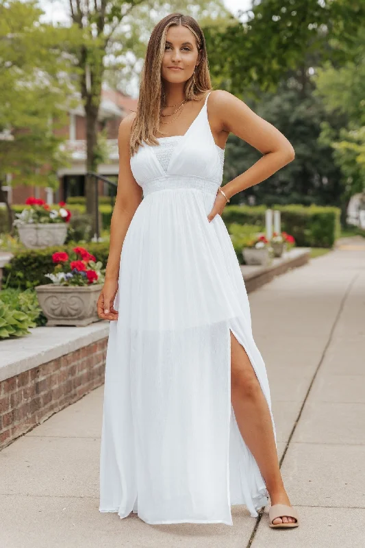 White Smocked Slit Maxi Dress - FINAL SALE Fashionable High-Low Maxi Dress