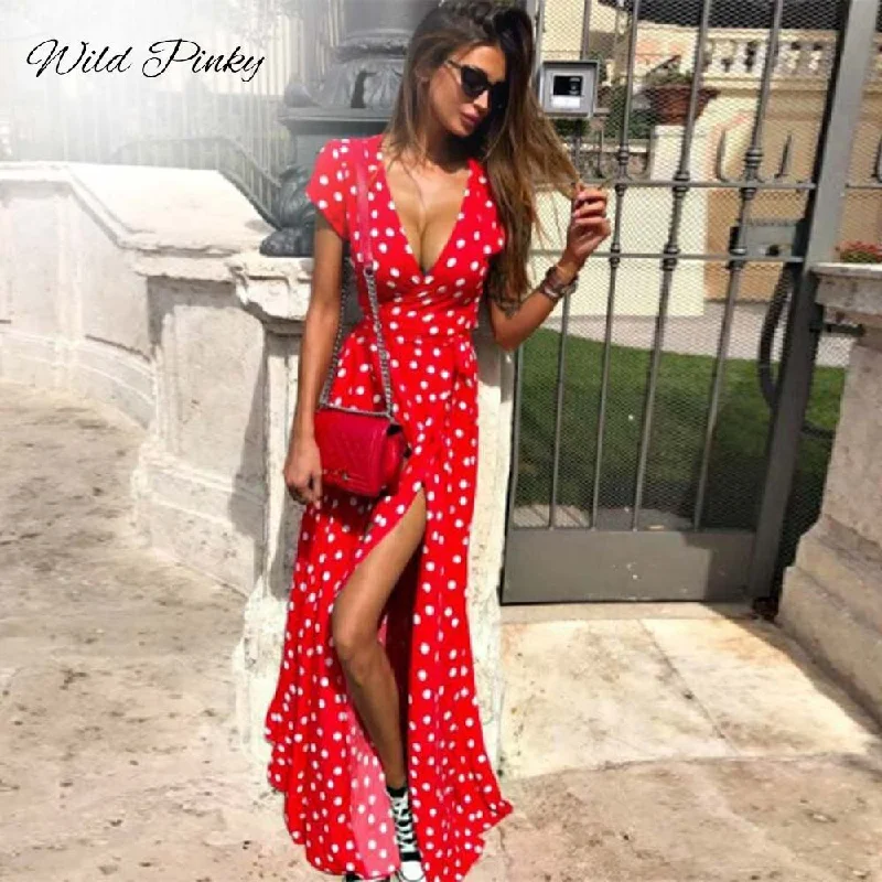 WildPinky Boho Polka Dot Long Dresses Women Split Short Sleeve Summer Casual Dress 2020 Streetwear Black Maxi Dress Vestidos Cozy Spaghetti Strap Maxi Dress