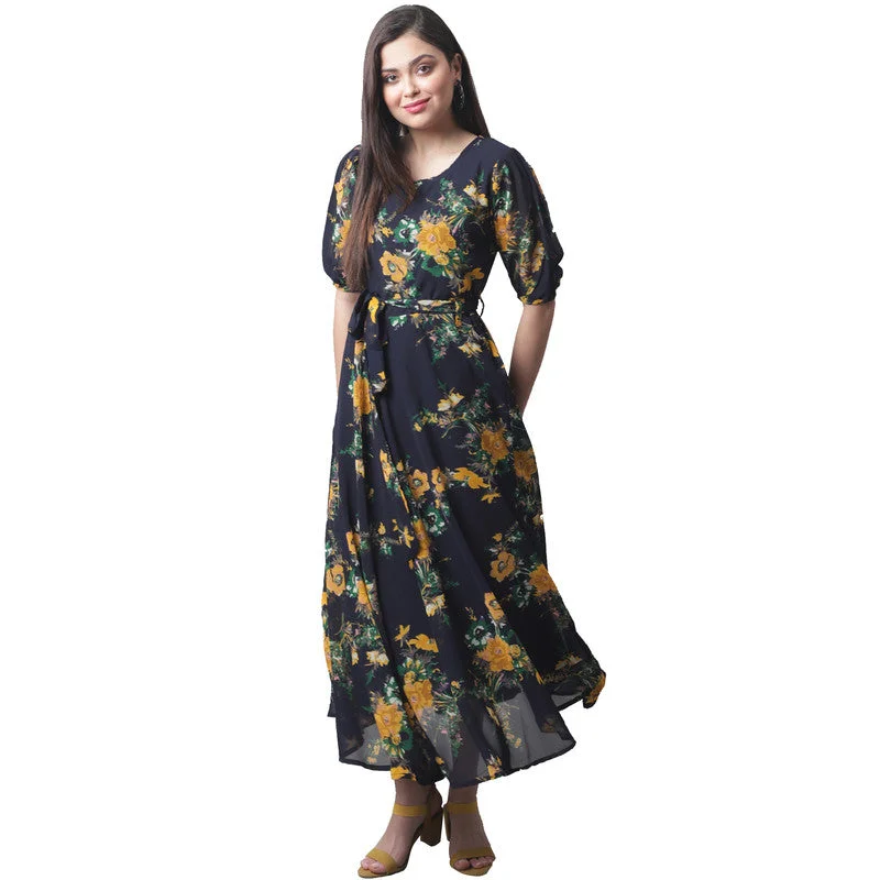 Women's Printed A-line Blue Maxi Dress for Women _32 Trendy Floral Print Maxi Dress