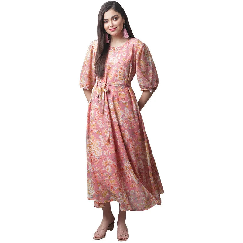 Women's Printed A-line Pink Maxi Dress for Women _24 Trendy Maxi Dress with Belt