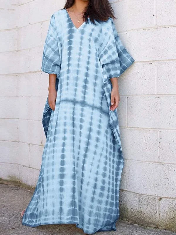 Women's Casual Tie-Dye V-Neck Bat Sleeve Maxi Dress Trendy Ruffled Maxi Dress