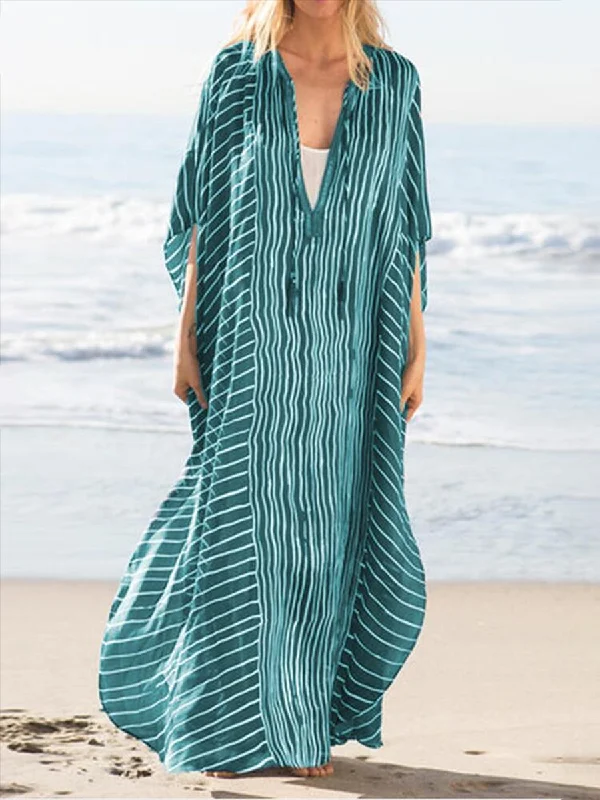 Women's Fashion Loose Striped Beach Maxi Dress Comfortable Maxi Dress with Sleeves