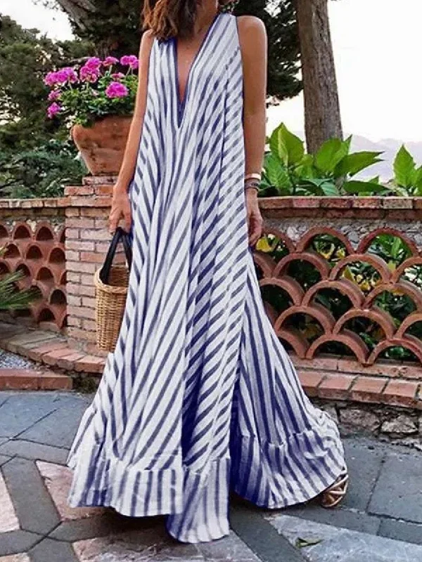 Women's Red Striped Pleated Big Swing V-Neck Bohemian Beach Maxi Dress Comfortable Long-Sleeve Maxi Dress