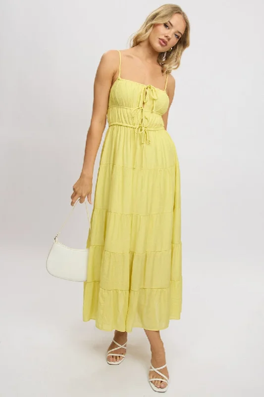 Yellow Maxi Dress Ruched Detail Comfortable Satin Maxi Dress