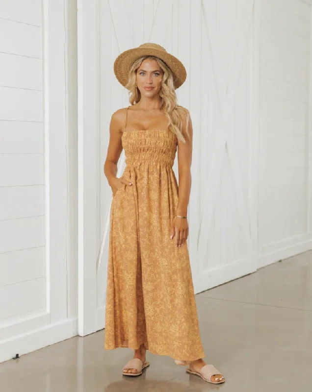 Yellow Print Smocked Maxi Dress - FINAL SALE Elegant Maxi Dress with Belt