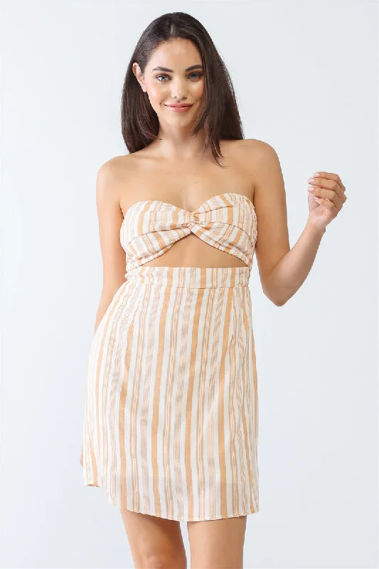 White & Apricot Stripe Print Strapless Twist Cut-out Smocked Back Mini Dress Chic Mini Dress with V-Neck