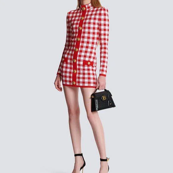 Abby Long Sleeve Gingham Mini Dress with Button Embellishments – Trendy & Chic Style Stylish Summer Mini Dress