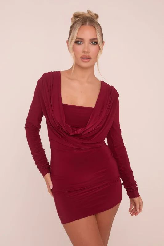 Burgundy Cowl Neck Long Sleeve Bodycon Mini Dress - Oliana Classic Shift Mini Dress