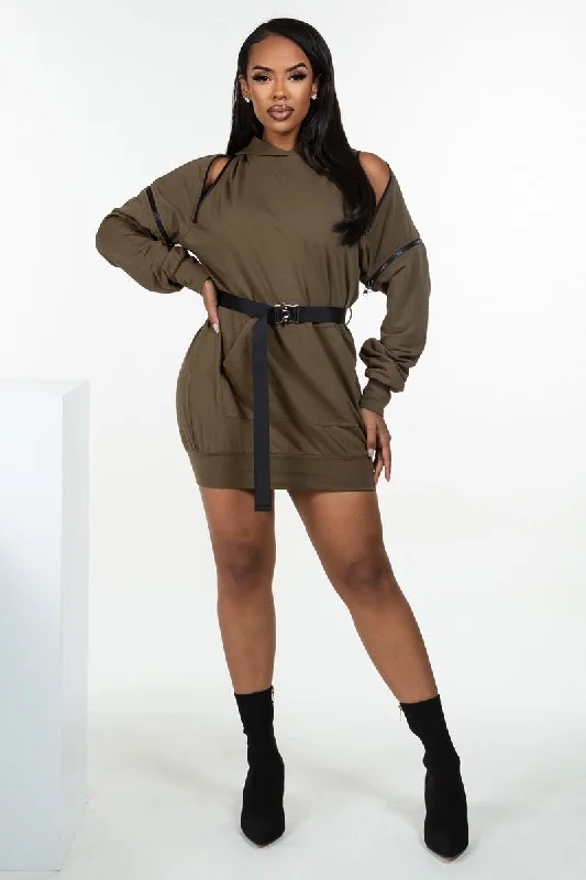 Double Zipper Long Sleeve Hooded Mini Dress Cozy Long Sleeve Mini Dress