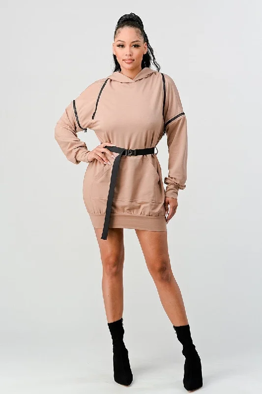 Double Zipper Long Sleeve Hooded Mini Dress in Nude Fashionable Pleated Mini Dress