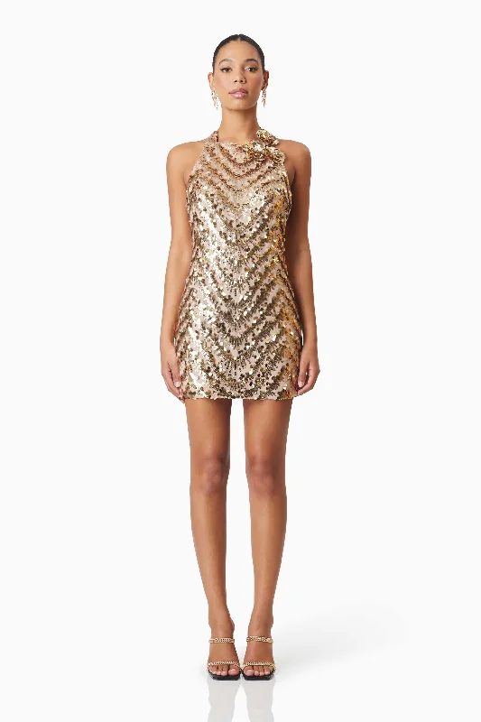 Elliatt Alisha Party Mini Dress - Gold Cozy Knit Mini Dress