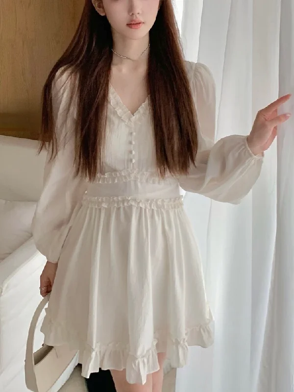 Zjkrl - French Elegant Mini Dress Women Solid Basic Sweet Vintage Chiffon Dress Office Lady One Piece Dress Korean Solid 2023 Spring Fashionable Lace Mini Dress