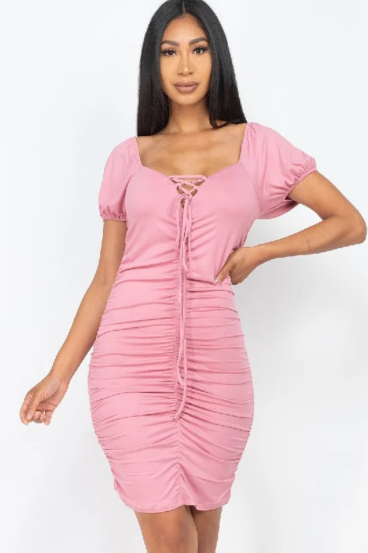 Capella | Front Lace Up Ruched Mini Dress Casual High-Waist Mini Dress