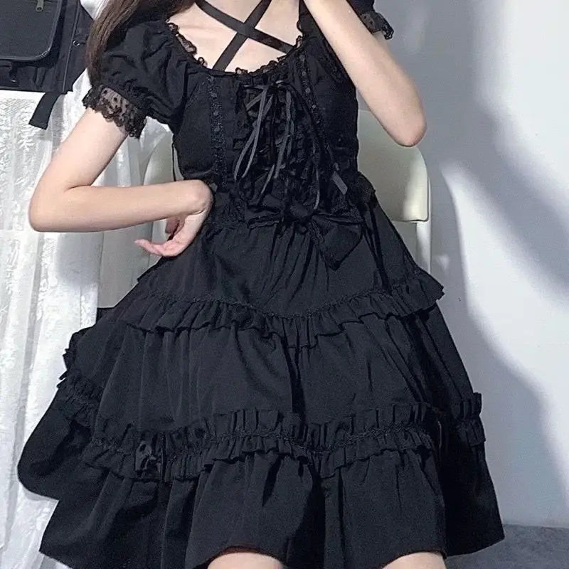 Girlary Kawaii Puff Short Sleeve Lolita Style Dress Women Sweet Bow Lace Ruffle Bandage Mini Dresses Girl Gothic Princess Party Vestidos Trendy Mesh Mini Dress