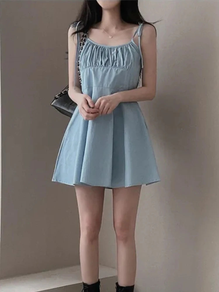 Girlary Summer Japanese Sweet Chic Strap Mini Dress Women French Vintage Sleeveless Shirring Shorts Dresses Korean style Casual Clothes Trendy Button-Detail Mini Dress