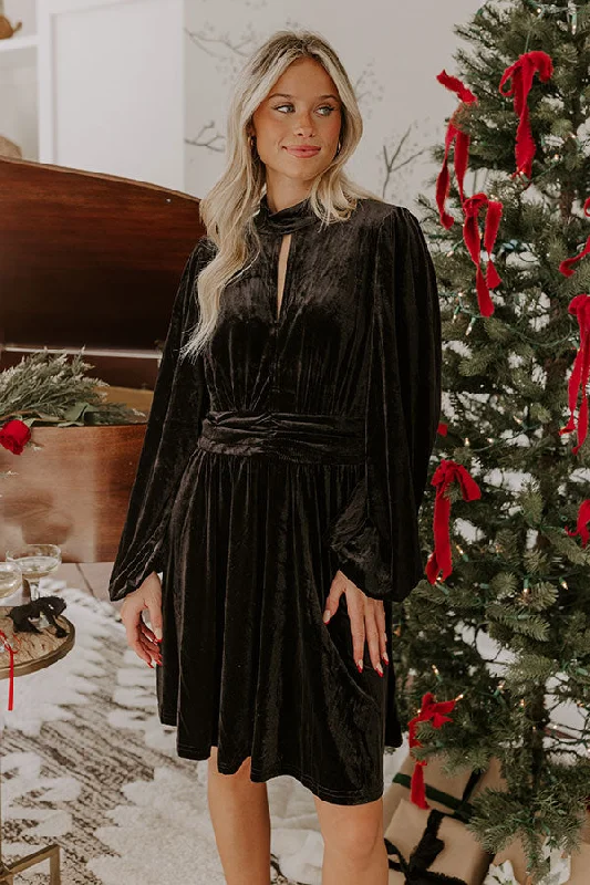 Holiday Social Velvet Mini Dress in Black Casual Button-Up Mini Dress