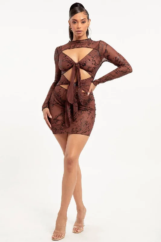 Only Me Mesh Mini Dress - Brown Trendy Lace Mini Dress