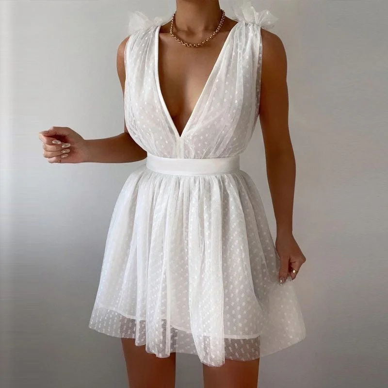 Zjkrl Mini Dress - Tulle Plunge Dress in White Elegant Tulle Mini Dress