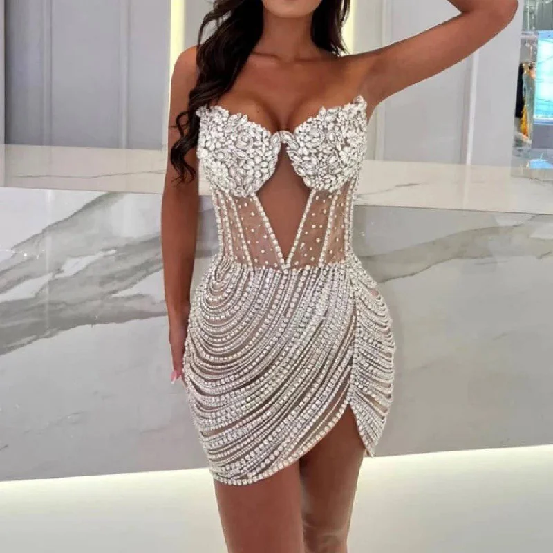 Molly Beaded Sweetheart Neckline Bandeau Mini Dress – Glamour and Elegance Trendy Crossover Mini Dress