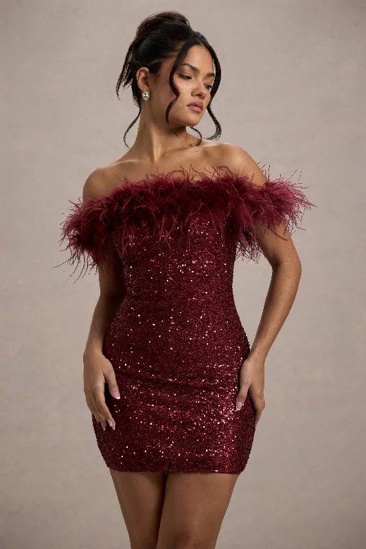 New Money | Burgundy Bodycon Sequin Mini Dress With Feather Trim Comfortable Fit-and-Flare Mini Dress